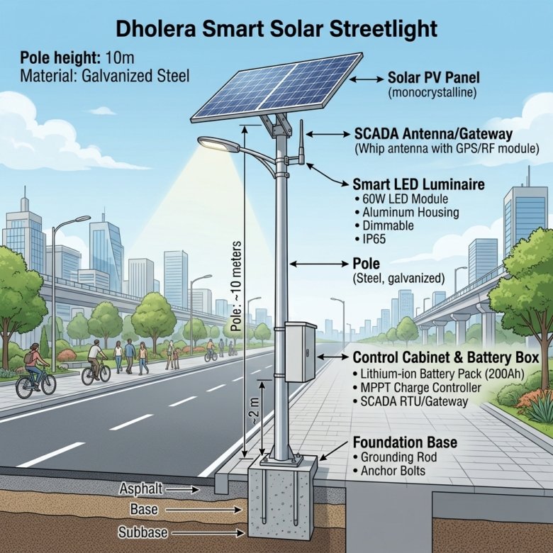 Dholera Solar Street Lighting Standards: DICDL Smart Poles